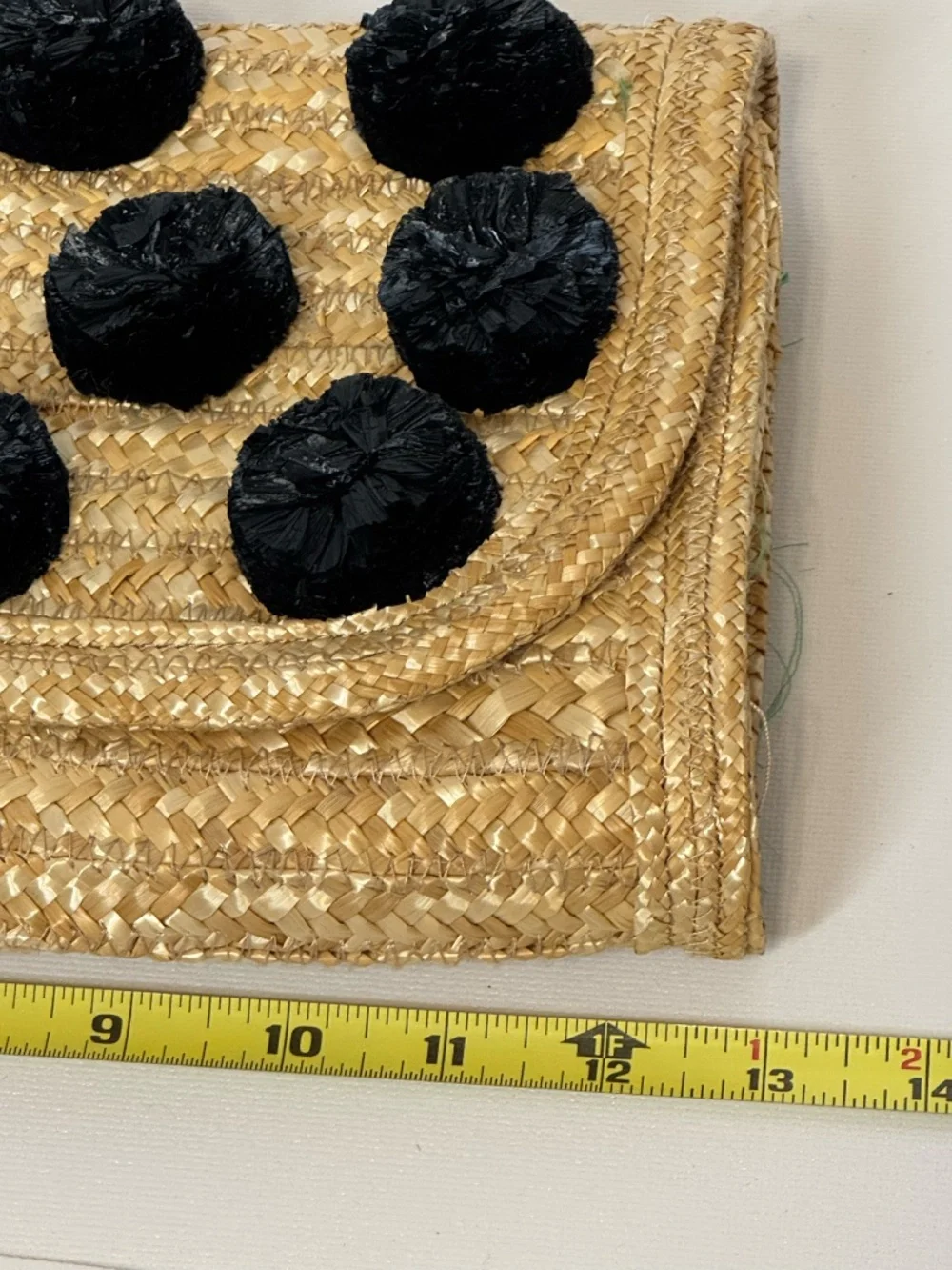 Ann Taylor Straw Raffia Clutch Black Pom Pom Fold Over Envelope Bag